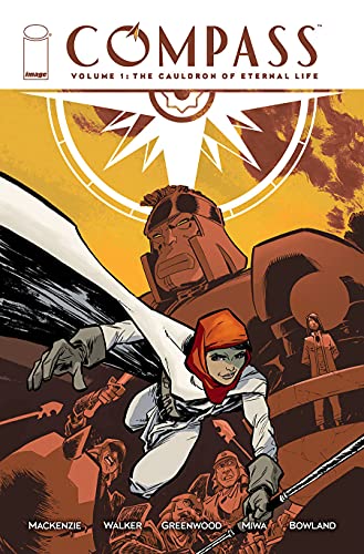 A woman in a red hijab and white clothing and a cape leaps into action. Superimposed around her, warriors in armour and a giant golem loom menacingly.