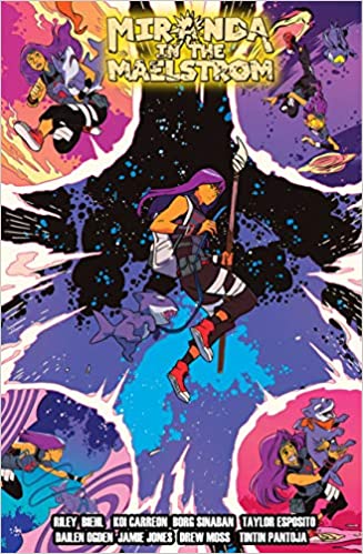 A young woman with long purple hair floats in space, holding a spear in one hand and a leashed sharklike creature with four legs. In four bubbles around them, the girl and the creature can be seen exploring and running through different parts of space.