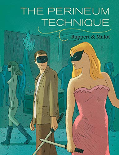 A man and woman wearing domino masks and wielding katanas but otherwise dressed normally exchange glances. In the room around them, others are wearing masks, and at least one person walks around naked except for boots.