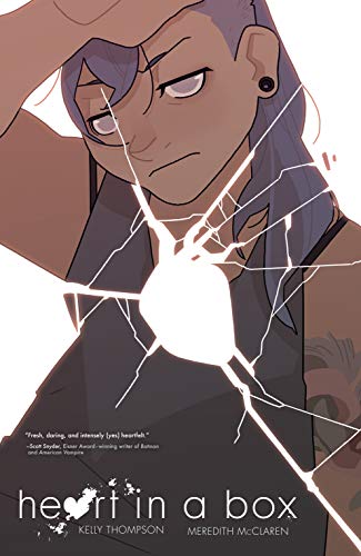 A young woman with long purple hair and an undercut looks ahead with blank eyes. The silhouette of a heart is missing from the picture, flooded in white and cracking out in a web.