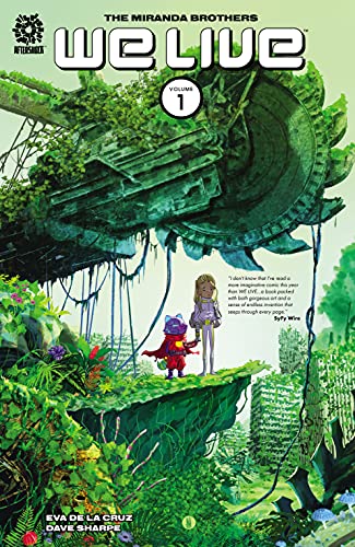 A young blond girl and a robotic cat stand together amongst overgrown post-apocalyptic city ruins.