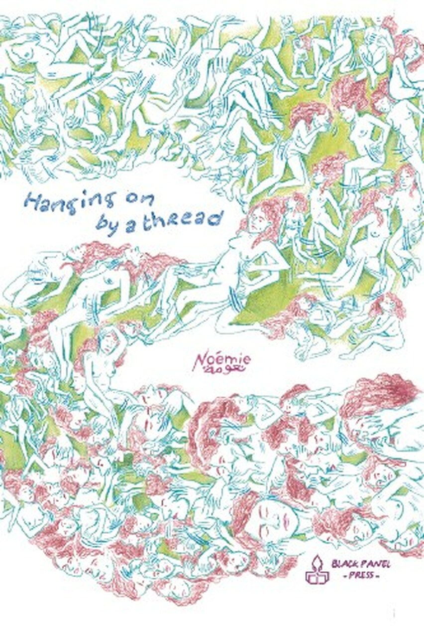 A swirling form of naked human bodies in motion is captured in soft shades of green, white and red. Each form appears to be the same figure, a woman with long, wavy, deep red hair, a large nose, and full lips.