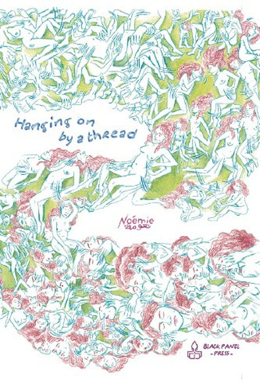 A swirling form of naked human bodies in motion is captured in soft shades of green, white and red. Each form appears to be the same figure, a woman with long, wavy, deep red hair, a large nose, and full lips.