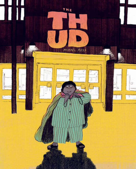 A large boy in striped pyjamas ties a blanket around his shoulders like a cape as he steps outside, his shadow cast dramatically in front of him.