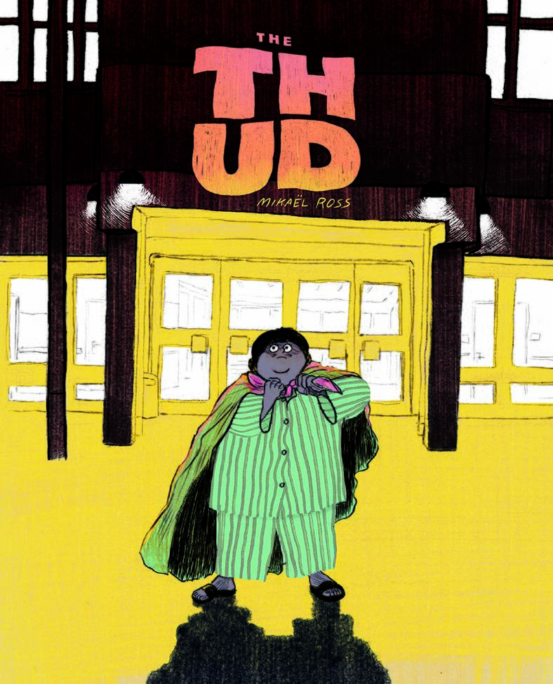 A large boy in striped pyjamas ties a blanket around his shoulders like a cape as he steps outside, his shadow cast dramatically in front of him.