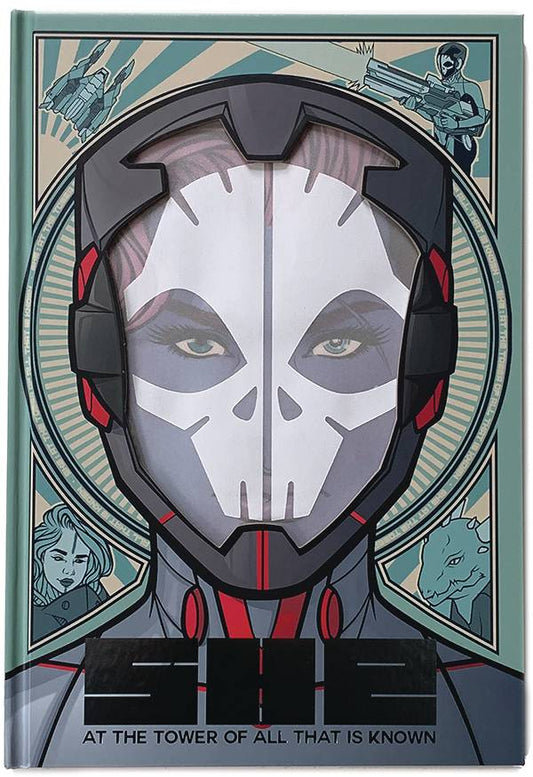 A redheaded person with a stylised skull superimposed over their face wears a sci-fi exosuit with a clear-fronted helmet. The backgrounds is a vaguely art deco style, with panels showing a skull-masked person shooting a beam from a large gun, a spaceship, a woman with a line of paint down her face smirking, and a lizardlike humanoid, all in muted greens and yellows.