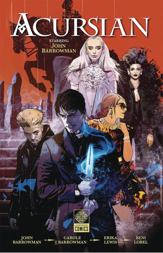 A dark-haired man with pale skin, dressed in a dark suit, holds a glowing blue blade close to his chest. Behind him are a Black man with a short blond fro wearing a leather jacket, a tanned woman with long brown hair wearing sunglasses and a glitxy dress, and two pale women dressed entirely in black and white respectively. In the background are what appears to be stone ruins, and a shadowy figure on a horse set against the red sky.