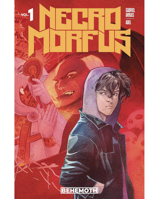 An androgynous person with dark wavy hair looks disdainfully over their shoulder. They are wearing a leather jacket over a purple hoodie. The background is in shades of red, and includes skulls, a demon smoking a cigar, and a humanoid elephant with four arms and an elaborate headdress.