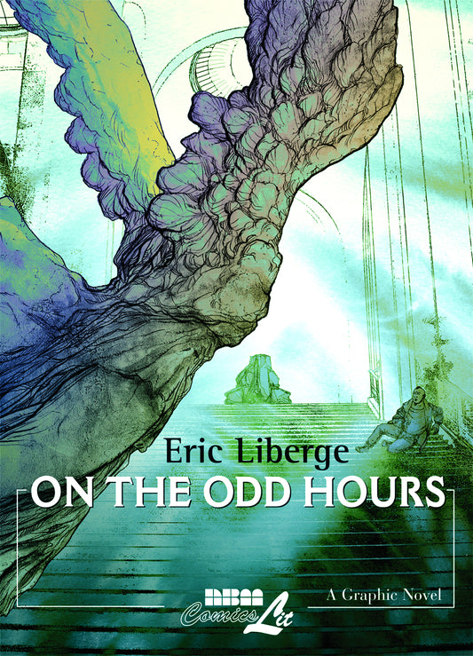 A stone statue, mottled into spreading wings, looms threateningly over a museum staircase, where a man sits pressed to the wall in fear.