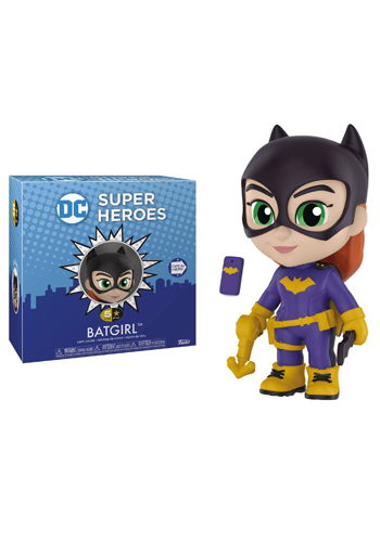 Stylised Batgirl figure in black mask and purple and yellow outfit, holding grappling gun and batarang.