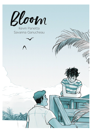 A curly-haired young man in a striped top leans against a wooden gate, smiling and blushing down at a broad, tan-skinned young man with short hair and wearing a light shirt, who is talking up at him with a smile. The background is mostly sky with a few clouds and some tropical scenery.