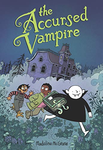 Three child vampires run through the overgrown gardens of a gothic manor. The one in front has pale white skin and pointed ears, wears a black cape, and holds a large tome under their arm. In the middle, a Black vampire with close hair wears casual clothing including a green coat. At the back is a vampire with light brown skin and chinlength black hair, wearing dungarees and a striped shirt. They have claws and birdlike feet.