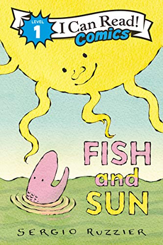 A cartoon sun smiles down on a pink fish.