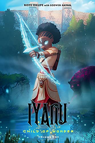 A Black girl with glowing blue eyes draws an arrow on a ghostly blue bow. She stands in a lake with a stone structure in the distance.