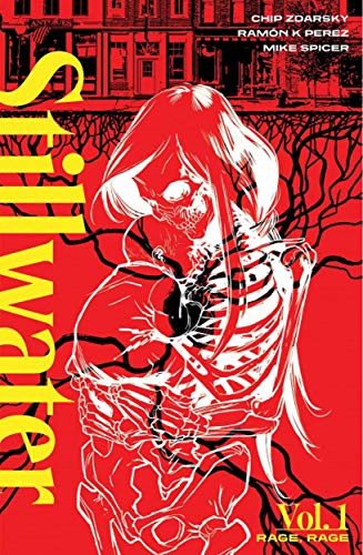 A bright red page over which two images are overlaid: in black, a row of houses with roots growing underneath them that entangle a heart, and in white, a skeleton with long hair that is cradling a baby to its chest.