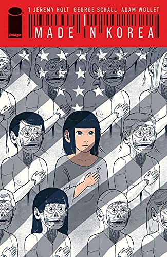 An Asian girl puts a hand over her heart as she gazes up, her skin the only colour in the otherwise grey image. She is one in lines of dozens in the same pose, all of them with their face skin missing to show off the musculature underneath. The American flag overlays the image, at a canted angle.