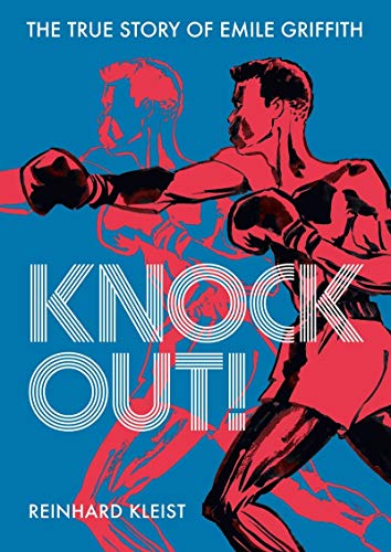 A Black boxer throws a punch to the left. He is drawn in red against a blue background.