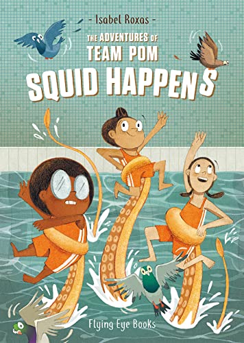 Three children in orange swimming costumes are held above the water of a swimming pool by orange tentacles. A handful of pigeons fly around nearby looking confused.