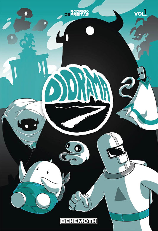 A simplistic cartoon illustration in shades of black, white and teal. A diver in a suit swims through darkness, where a number of strange creatures are floating, including one resembling a dinosaur in pants and another a mummy with horns. Above the ocean, a dark silhouette of a horned monster rises.