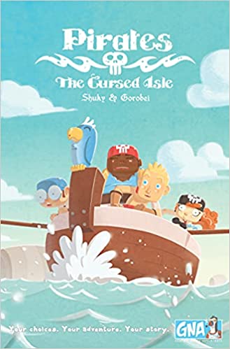 A cartoonish illustration of four children dressed as pirates. They are in a small rowboat with a blue parrot at the helm.