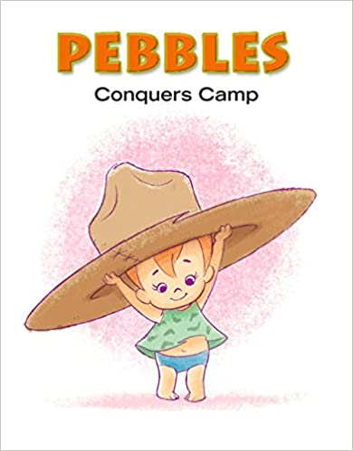 Pebbles, the red-headed baby from the Flintstones, smiles as she holds up a hat overhead that is much too large for her.
