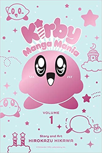 Kirby, a spherical pink creature with large eyes, flushed cheeks, and a big smile, beams at the viewer. They are surrounded by simplified lineart of other Kirbies, stars, and houses on clouds. All of the illustrations are coloured in a metallic pink.