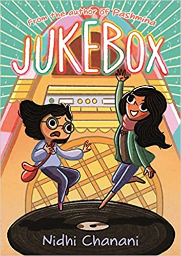 Two girls with dark hair dance on top of a vinyl record. One of them, wearing glasses, looks dizzy and distressed, while the other waves happily. Behind them is a giant jukebox.