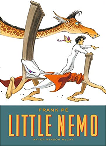 A dark-haired boy wearing a white onesie stands at the bottom of his bed, pointing in delight. The bed has grown legs and is walking, and a tusked giraffe and curly-haired bird travel alongside.