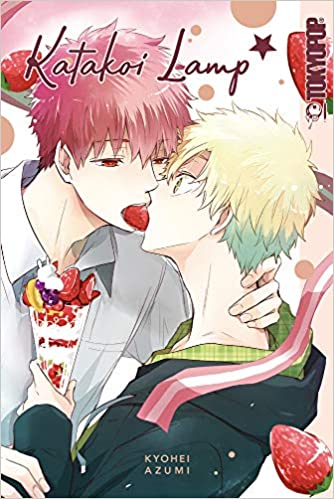A redheaded boy wearing a grey shirt leans in to share a strawberry with a startled boy with light green hair.  The redheaded boy has his hand on the back of the other's neck.