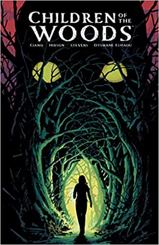 A silhouetted figure walks through a path marked by overgrown trees with bare branches. Over the top, a pair of empty glowing eyes watch.