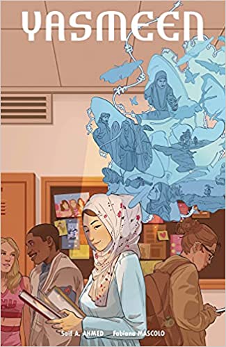 A young women in a flowery hijab walks through the hallway of an American school. Above her, blue memories of war form in clouds.
