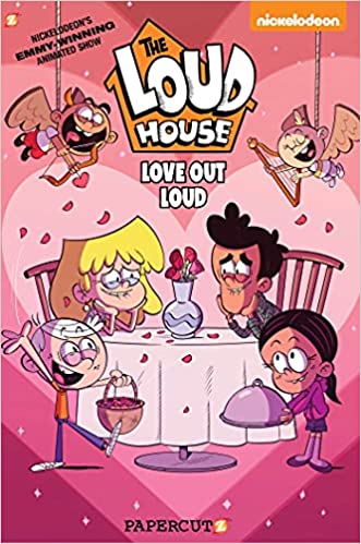 In a very cartoony style, a young couple moon at each other across a table with a vase full of roses. Two children serve the table with rose petals and food, while two others hang from the ceiling dressed as cupids.