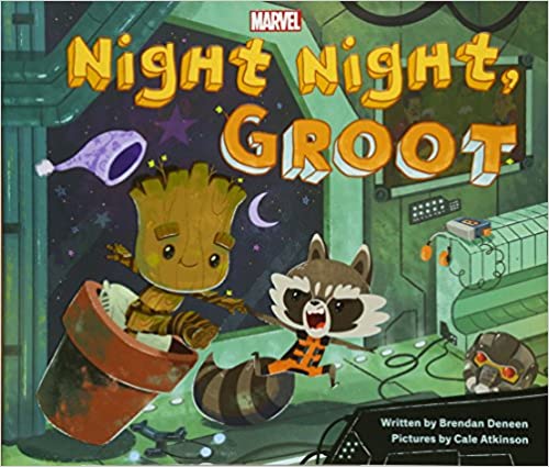 Rocket Raccoon pulls a smiling baby Groot out of his pillow-padded flowerpot and onto a spaceship, making Groot's nightcap fall off.