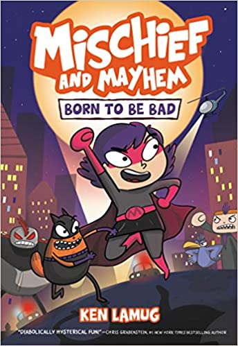 A cartoon girl with purple hair pumps a hand into the air, grinning, as she is chased by a robot and a helicopter with a searchlight. She is wearing a superhero costume in gret and pink, with a mask that covers her eyes and a belt with an 'M' on it. In similar clothing in black, an orange cat runs alongside her.