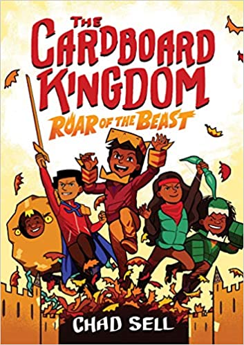 Five children in fantasy costumes ranging from monsters to a knight jump over the wall of a cardboard kingdom, scattering autumn leaves as they go.