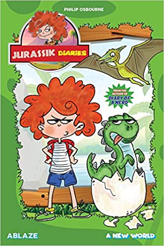 A cartoonish drawing of a grumpy redheaded boy standing with his hands on his hips. He is wearing a striped t-shirt, blue shorts, and a red backpack. Next to him, a green dinosaur sits half-hatched in its shell, looking equally unimpressed by the boy as it pokes its tongue out at him. The pair are framed by greenery, and a pteranodon flies overhead.