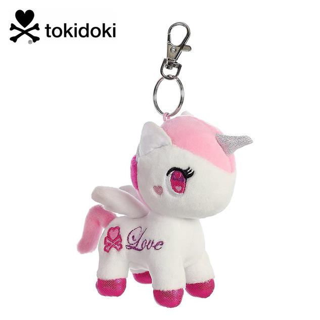 A keychain featuring a plush winged unicorn in white, with a pink mane and tail, and a 'Love' skull and crossbones style design on the side.