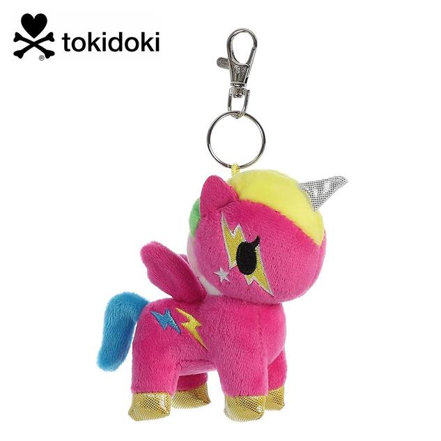 A keychain featuring a plush winged unicorn in bright pink, with a multicoloured mane and tail, a silver horn, and a lightning bolt design on the side and over its eye.
