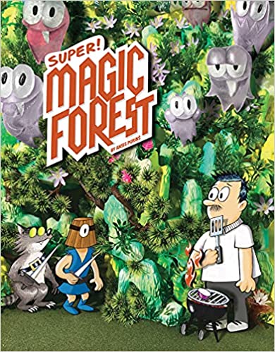 A confused middle-aged man at a barbecue holds a spatula and looks confused as he is confronted by a raccoon and a young child wearing a bucket over their heads, both wielding daggers. Around them is a thick forest filled with translucent cartoon monsters.