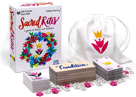 A board game box that is illustrated with a wreath of simplified flowers against a white wood background. In front of the box, card decks, wooden boards, wooden counters shaped like flowers, and a cotton bag with the logo are shown.