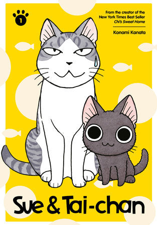 A large grey and white cartoon cat with a stressed expression and a sweatdrop coming down its face stands next to a small black kitten with huge round eyes. The background is a sunny yellow with a fish design. 