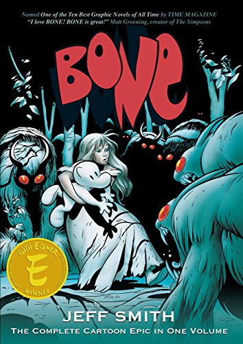 A white cartoon creature with small black eyes is held under the arm of a pale girl. The two are surrounded by bug-like monsters with sharp teeth and red eyes.
