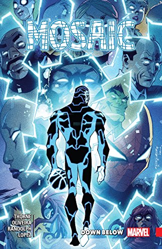 Mosaic, a Black male superhero in a blue and black costume, holds a glowing basketball in hand as he walks away from the viewer. The background is fractured into shards showcasing many people including Marvel superheroes such as Spider-Man and Storm, all of whom are pictured with glowing blue eyes.