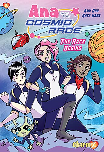 An illustration in a manga style of several characters stood on a rocky surface with planets and spacecraft visible in the background. One is a pale-skinned young woman with pink hair in an undercut, another an androgynous person with short dark hair, another a Black young man with his hair in cornrows and a red bandana around his neck, and the final one a tiny four-armed green alien.