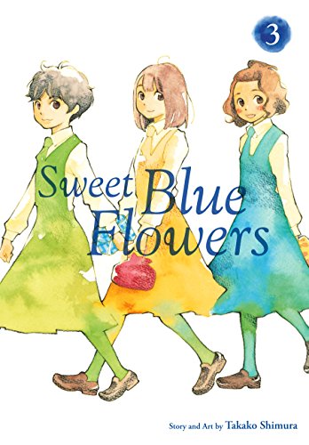 Three young girls, dressed in green, yellow, and blue respectively, walk in a line, smiling. They are drawn in a watercolour style.