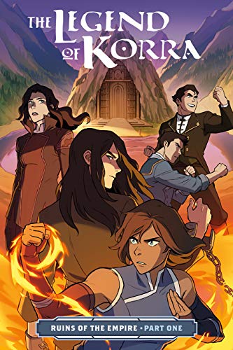 Korra, a young woman with light brown skin and chinlength brown hair, raises a fiery fist in a readied stance. Several other characters are superimposed behind her in a collage.
