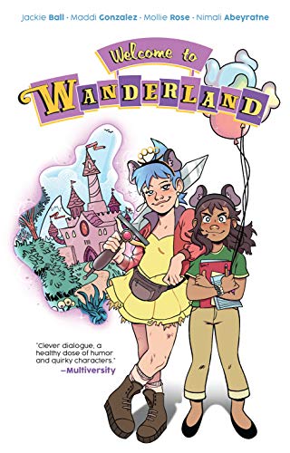 A blue-haired young woman with a sword leans on the shoulder of a girl with shoulderlength brown hair and light brown skin, who is clutching a notebook and pencil. Both are wearing headbands with ears on them, and a portal in the background shows a fantasy castle with a pathway leading up to it.