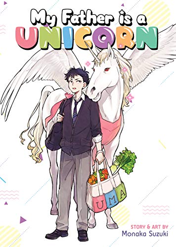 A dark-haired young man in school uniform holds a cotton grocery bag full of vegetables. Behind him, a white unicorn wearing a pink scarf leans over his shoulder.