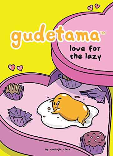 Gudetama, an egg-like creature, lazes inside of a chocolate box with several empty wrappers.