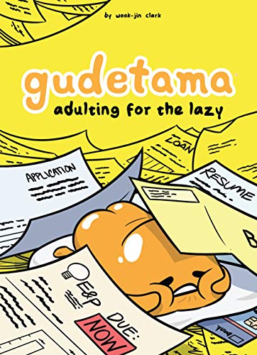 Gudetama, an egg-like character, squishes their cheeks as they are drowned under piles of bills and applications.